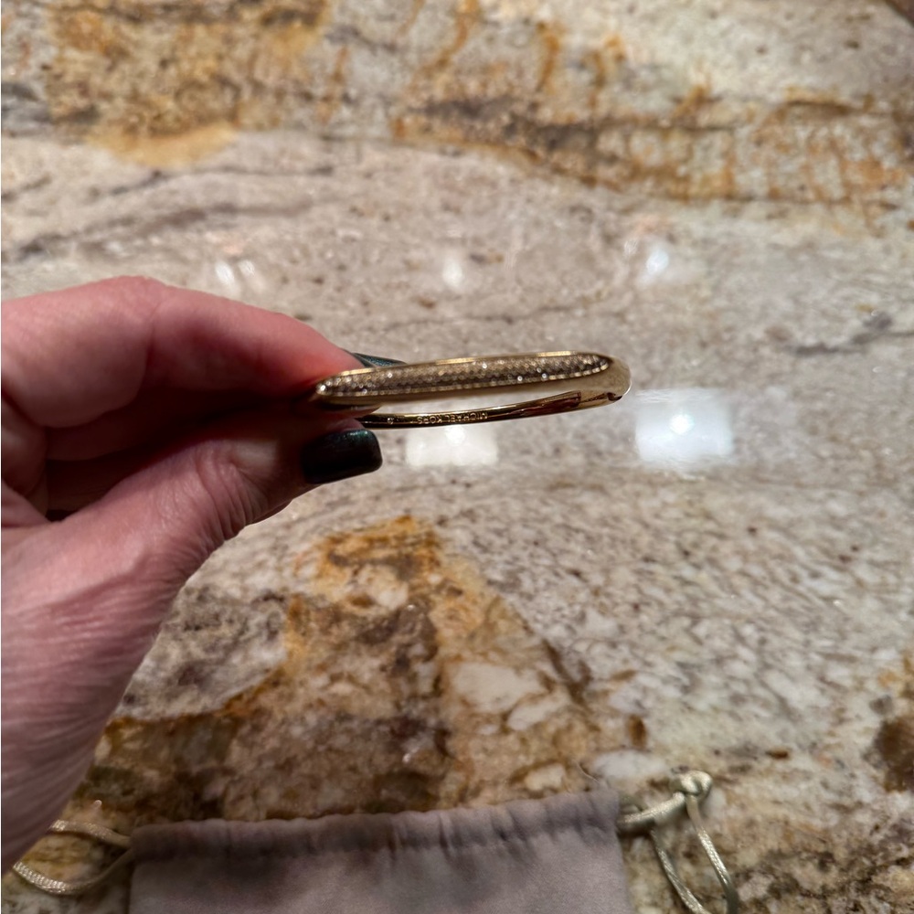Michael Kors Gold Tone Tribal Hinged Bangle Bracelet with Pave Crystal Details - Picture 9 of 12